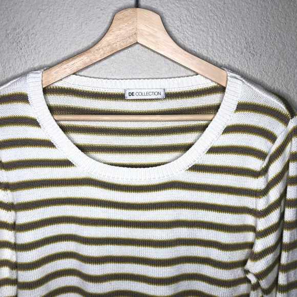 DE Collection Sweater Cream Yellow Tan Stripe Crew Neck Pullover Casual Sz Small - Picture 8 of 12